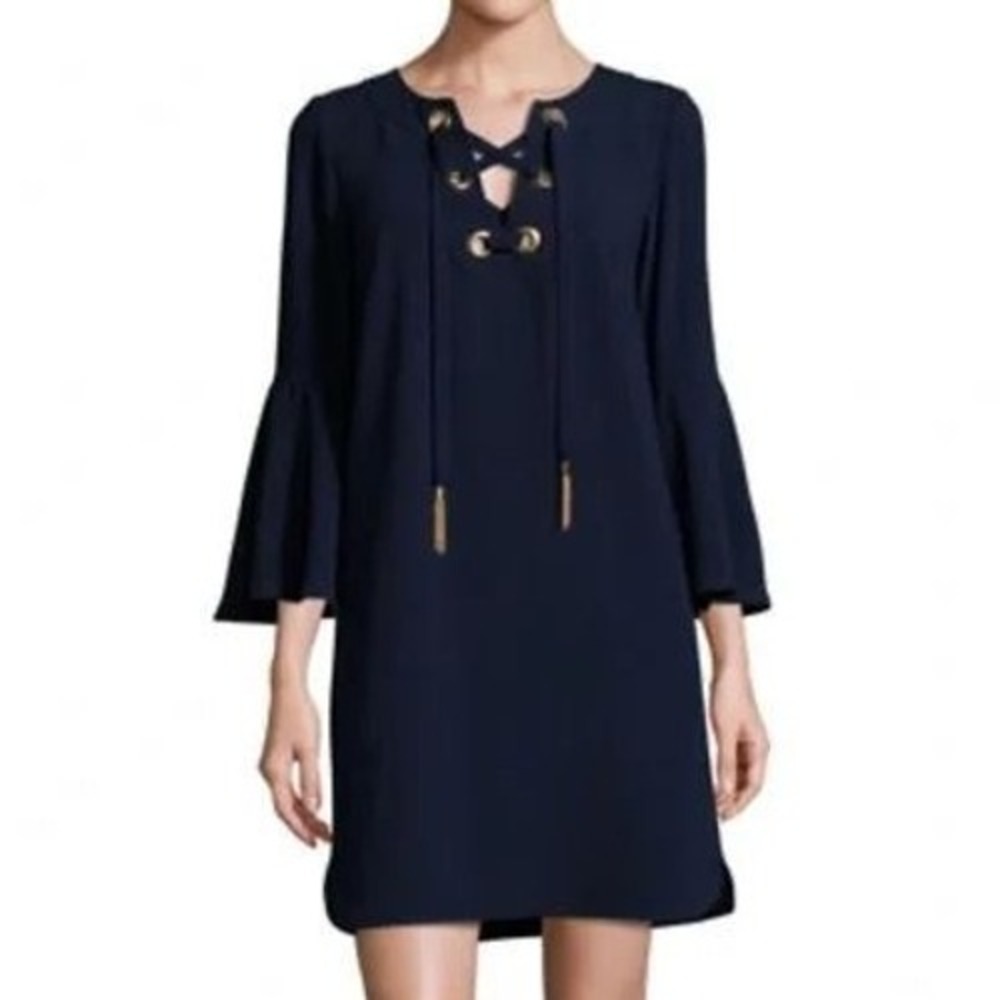 Trina Turk Navy Blue Dress Lace Up Bell Sleeve Nautical Look Dress Size 2